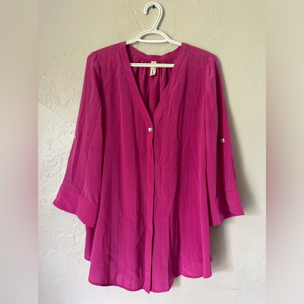 MISOKA Long Roll-Tab Sleeves Belted Tunic Top Blouse Shirt Size M 100% Silk